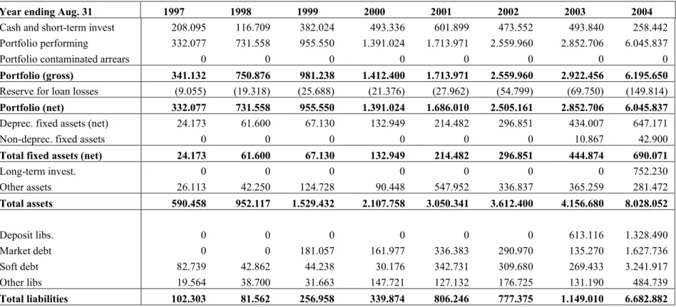 Table 4:  FINCA adjusted Assets and Liabilities, 1997-2004 