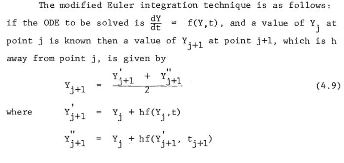Figure  4.2  illustrates  how  the  modified  Euler  integration  technique  is  employed  to  solve  values  of  X  and  Y  from  previously  computed  values