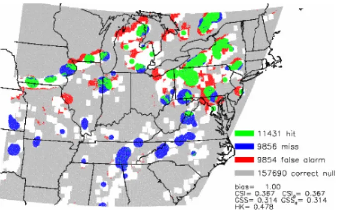 Figure 4: Case study results from a trained random  forest used as a predictive algorithm, showing correct  predictions of storm initiation points (green), missed  points (blue), false alarms (red) and correct null  forecasts at 1800Z 27 Jun 2007
