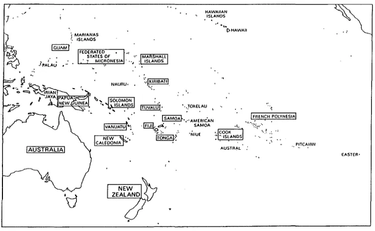 Fig. 1: Pacific Island Countries, SOPAC members indicated in boxes (Overton, 1999, 13)