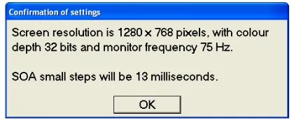 Figure 2. Upon video card enumeration, the message box displays the current screen settings and declares the trial settings