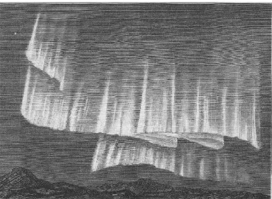 Figure 12. Aurora (folded bands) observed from Godthaab to the South on 15 November 1882 at 00 h 10 m (drawing, Paulsen, 1893a).