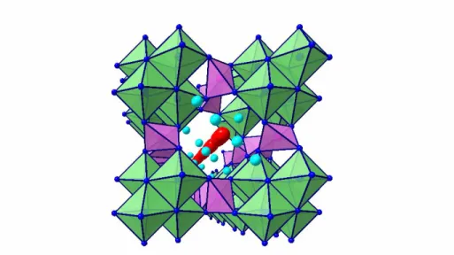 Figure 2. A polyhedral perspective representation of Nb-CST along the [001] plane. Water (blue spheres) and cesium  (red spheres) are located in the 8-atom ring tunnels