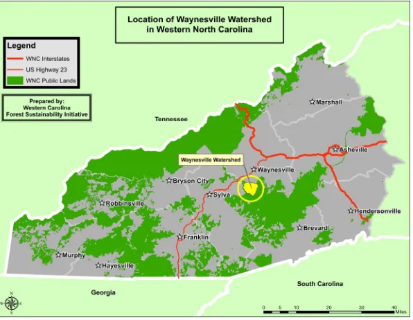 Figure 1. Map of location of Waynesville watershed in Western North Carolina. 