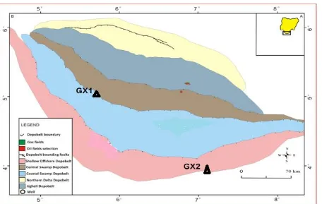 Fig 1: Location of GX1 and GX2 well within the Niger Delta Depobelts.  