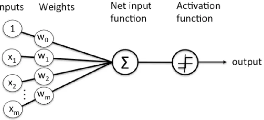 Figure 4 represents a single-layer perceptron model of a neural network with a set of inputs being passed through an input function and an activation layer in order to create an output.
