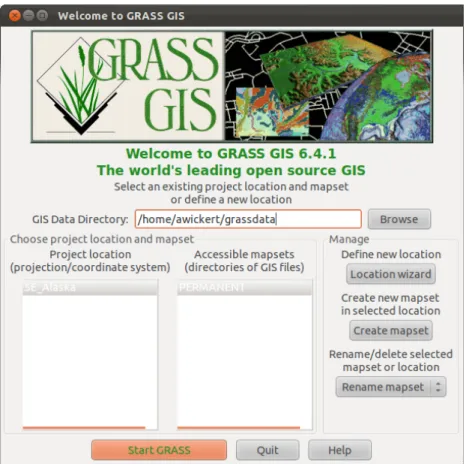 Figure 3.1: GRASS GIS start-up screen on Ubuntu. If you have just in- in-stalled GRASS, you will have no project locations or mapsets, and your Create mapset, Rename mapset, and Start GRASS buttons will be grayed out.