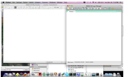 Figure 3.8: The graphical user interface (GUI) windows in Mac OS. The right- right-hand window is the layer manager that is the main graphical interface for GRASS