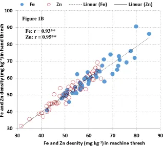 Fig. 1. Interrelationship between hand and machine threshing methods for iron (Fe) and zinc (Zn) density in pearl millet population progenies   