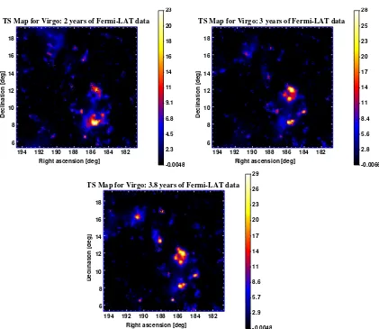 Figure 2.2: TS maps for three diﬀerent periods of Fermi data of the Virgo cluster.The maps span a 14◦ × 14◦ region of the sky which is centered at the coordinatesof M87