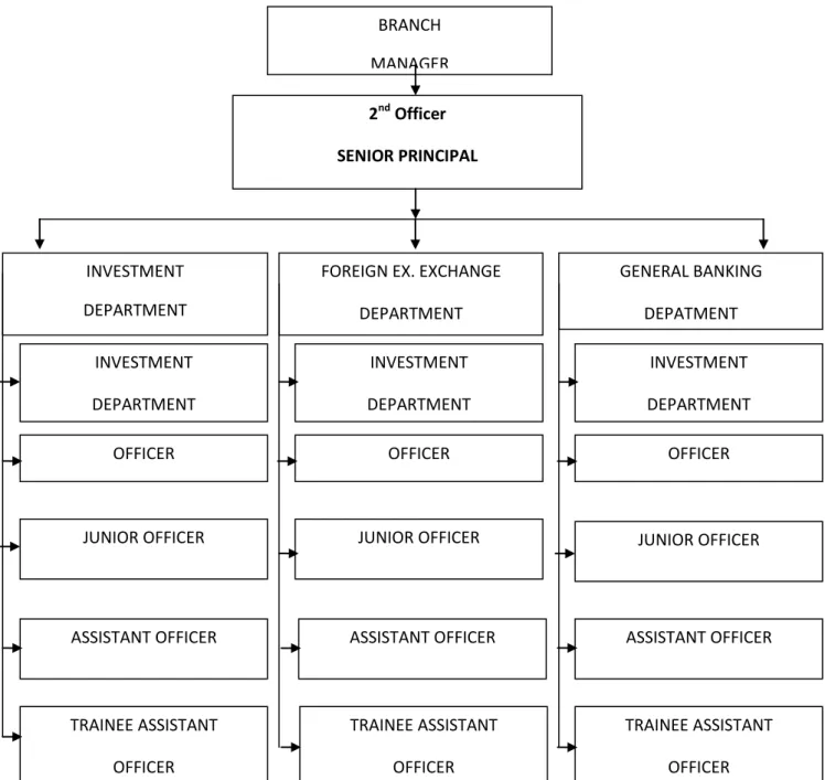 Figure 1: Organizational Configuration of ever Branch’s Standard Bank Ltd BRANCH MANAGER  GENERAL BANKING DEPATMENT OFFICER INVESTMENT DEPARTMENT JUNIOR OFFICER  ASSISTANT OFFICER  TRAINEE ASSISTANT OFFICER INVESTMENT DEPARTMENT 2nd Officer SENIOR PRINCIPA