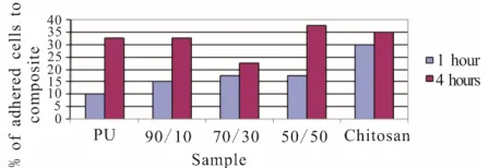 Figure 1. Cell adhesion on PU, chitosan, and PU/chitosan composites.  