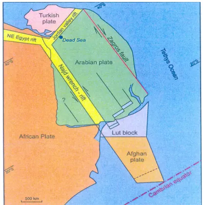 Figure 2. Arabian Infracambrian extensional sedimentary systems of Jordan and location extensional system, 600 - 540 Ma of well SH-3, Wadi Sirhan