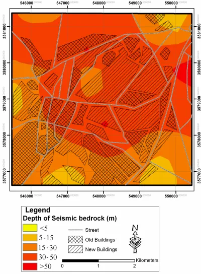 Figure 8. Distribution map of depth of seismic bed rock.  