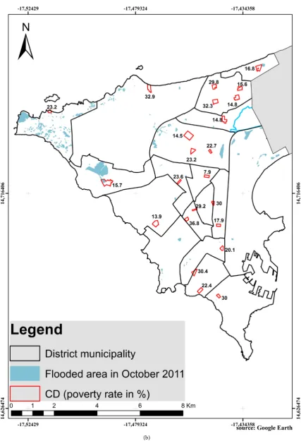 Figure 2. ESPS-2 and their corresponding multidimensional poverty rate.Flooded areas of Dakar (departement) in October 2009 (a) and 2011 (b); In red on part (b), the census districts of  