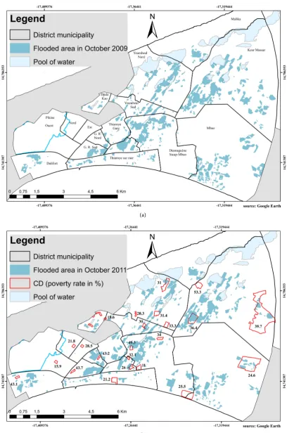 Figure 3. corresponding multidimensional poverty rate.Flooded areas of Pikine in October 2009 (a) and 2011 (b)