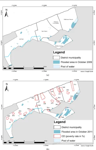 Figure 4. Flooded areas of Guediawaye in October 2009 (a) and 2011 (b). In red on part (b) the census districts of ESPS-2 and their corresponding multidimensional poverty rate