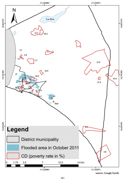 Figure 5. Flooded areas of Rufisque in October 2009 (a) and 2011 (b) in red on part (b), the census districts of ESPS-2 and their corresponding multidimensional poverty rate