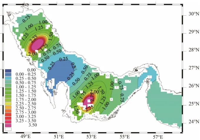 Figure 4. Time evolution of the free surface deviation (in meters) in the model for three areas typical of the Persian Gulf