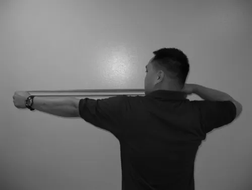 Figure 2 Standing isotonic scapular stabilization exercises. The patient stands upright and slightly contracts the abdominal and interscapular muscles for stability