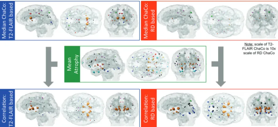 FIG 2. Median ChaCo for the 2 abnormality masks (T2 FLAIR lesions and RD abnormalities), mean atrophy, and corresponding correlation over121 patients with MS