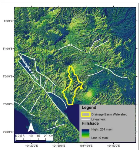 Fig. 7 Based on the ASTERG-DEM image, source; [19] shows the position  of Way Belu Drainage Basin to the Semangko Fault System