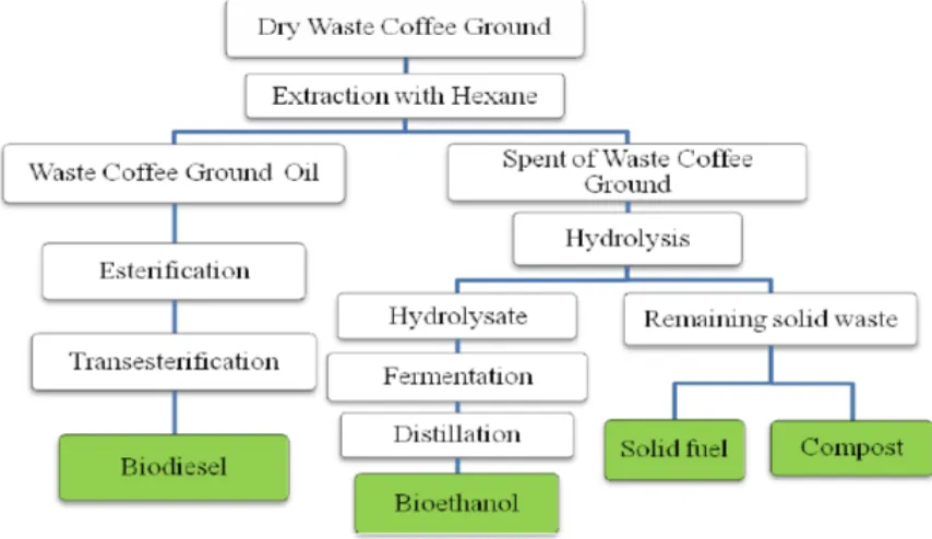 Fig. 1: Schematic representation of the production of waste coffee ground biodiesel that yield high value-added by-products: bioethanol, fuel pellets and compost
