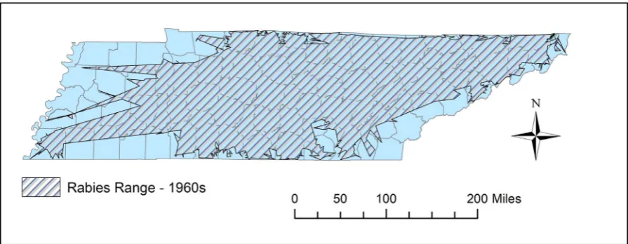 Figure 5. This polygon represents the rabies range of occurrence during the 1940s, where the range is observed to cover most of Tennessee