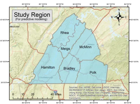 Figure 4. The study region chosen for predictive modeling, which includes the Tennessee counties of Hamilton, Rhea, Meigs, Bradley, McMinn, and Polk, all of which are in the southeastern area of the state