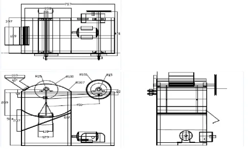 Figure 2: Orthographic views of developed ginger rhizomes peeling machine 