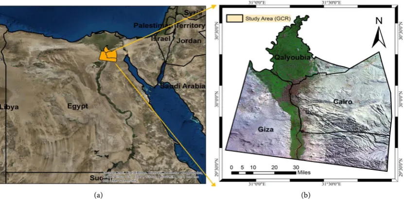 Figure 1. Greater Cairo Region (GCR), Egypt: (a) Location map, (b) The study area (Source: (a) ESRI online, (b) Landsat 8 Pan-Sharpened with DEM from Shuttle Radar Topography Mission (SRTM) [41])