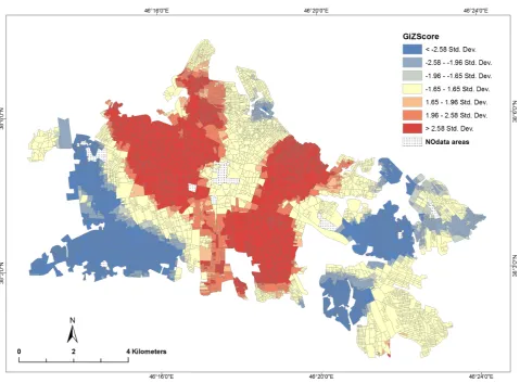 Figure 6. Hot spot analysis of aggregated point data to census tracts (polygon data). 