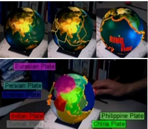 Figure 9: Demonstration of the slider in the AR Volcano KioskClockwise from top:revealing spatial information to hi-light contextual relationships