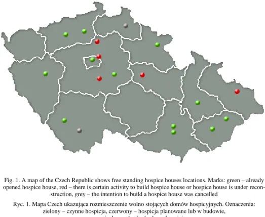 Fig. 1. A map of the Czech Republic shows free standing hospice houses locations. Marks: green – already  opened hospice house, red – there is certain activity to build hospice house or hospice house is under 