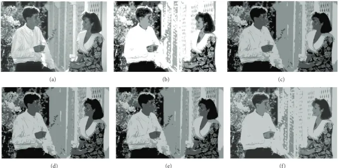 Figure 2: Segmentation results in 4 clusters/levels of image “157055” after applying different algorithms: (a) original image, (b) KM, (c) PSO, (d) DPSO, (e) FODPSO, and (f) proposed.