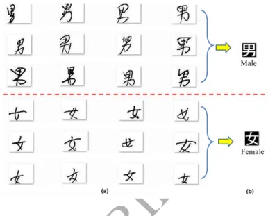 Fig. 7. Chinese handwritten characters express gender,(a)original hand- hand-written characters, and (b) character in reference dictionary .