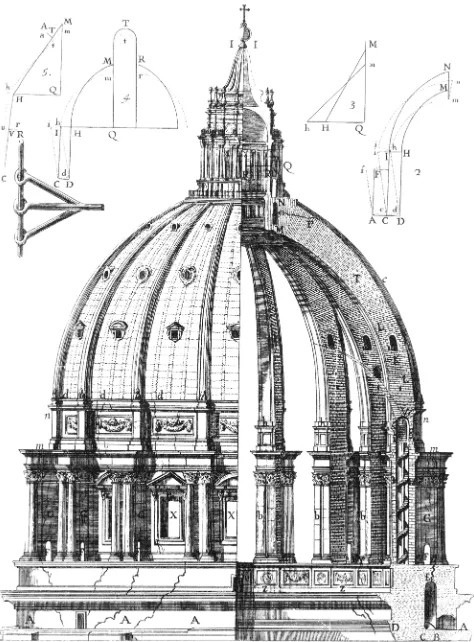 Fig. 12. Damages in the base of the cupola of St. Peter’ Basilica in 1743. Drawing in ‘Parere di tre mattematici..’ by Boscovich, Le Seur and Jaquier (Boscovich et al., 1743)