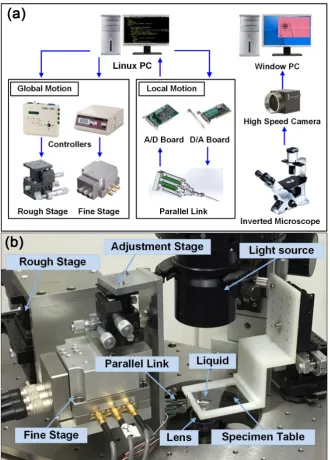 Figure 4. Two-fingered micro-hand (a) configuration of the micro-manipulation system (b) overall micro-hand system