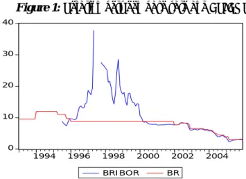 Figure 1: Relation between base rate and BRIBOR  010203040 1994 1996 1998 2000 2002 2004 BRI BOR BR