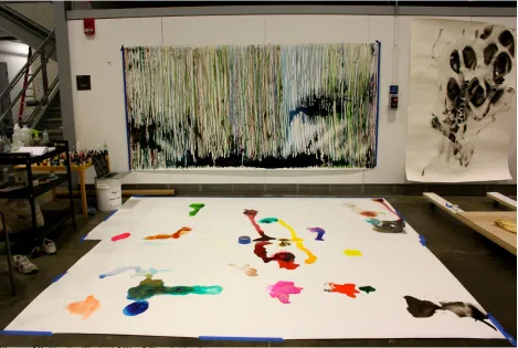 Figure   14   shows   all   my   materials   lined   up   on   the   floor   and   the   grid   of   ink   on   the   bottom   shelf   of   the   cart