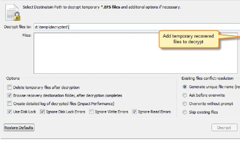 Figure 6: Decrypt files dialog box Options