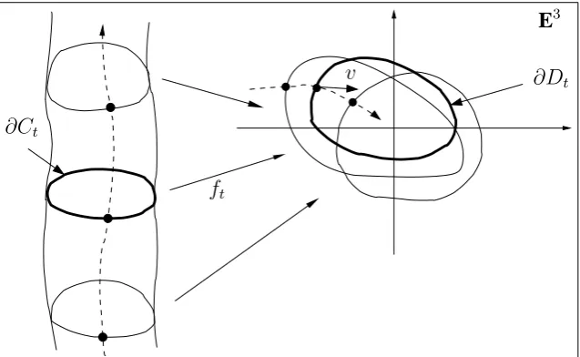 Figure 4.2: A sequence of embeddings in time and the trajectory of a par-ticle in Euclidean space