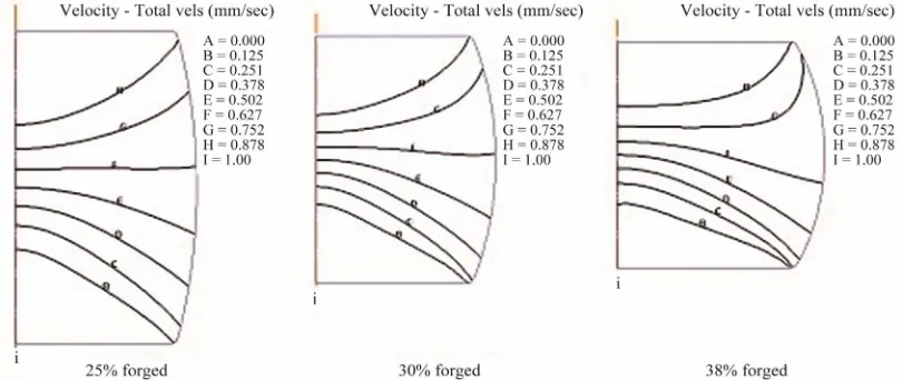 Figure 10. Simulation results showing variation in velocity within the specimen at different stages of compression (5 wt% SiC)