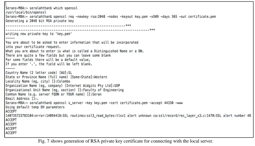 Fig. 7 shows generation of RSA private key certificate for connecting with the local server