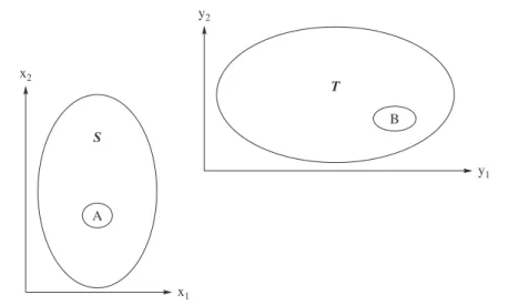 Figure 2.2.1: A general sketch of the supports of (X 1 , X 2 ), ( S ), and (Y 1 , Y 2 ), ( T ).