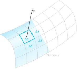 Figure 7.16  The sum of the closed line integrals  about the perimeter of every ΔS is the same as  the closed line integral about the perimeter of S  because of cancellation on every interior path.
