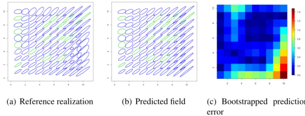 Figure 2: Panels (a) and (b): Comparison between the reference realization of the matrix field and the predicted field
