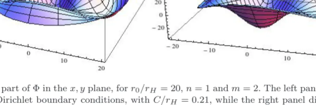 Fig. 6. Real part of Φ in the x, y plane, for r 0 /r H = 20, n = 1 and m = 2. The left panel displays the case for Dirichlet boundary conditions, with C/r H = 0 