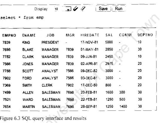 Figure 6.3 shows an example of a command line SQL query interface that was built as part of the prototype for both simple and complex (flexible) access