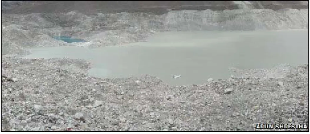 Figure 1.6: The area of Imja glacial lake in Himalaya which has increased (BBC Science and  Environment, Tuesday, 23 June 2009)